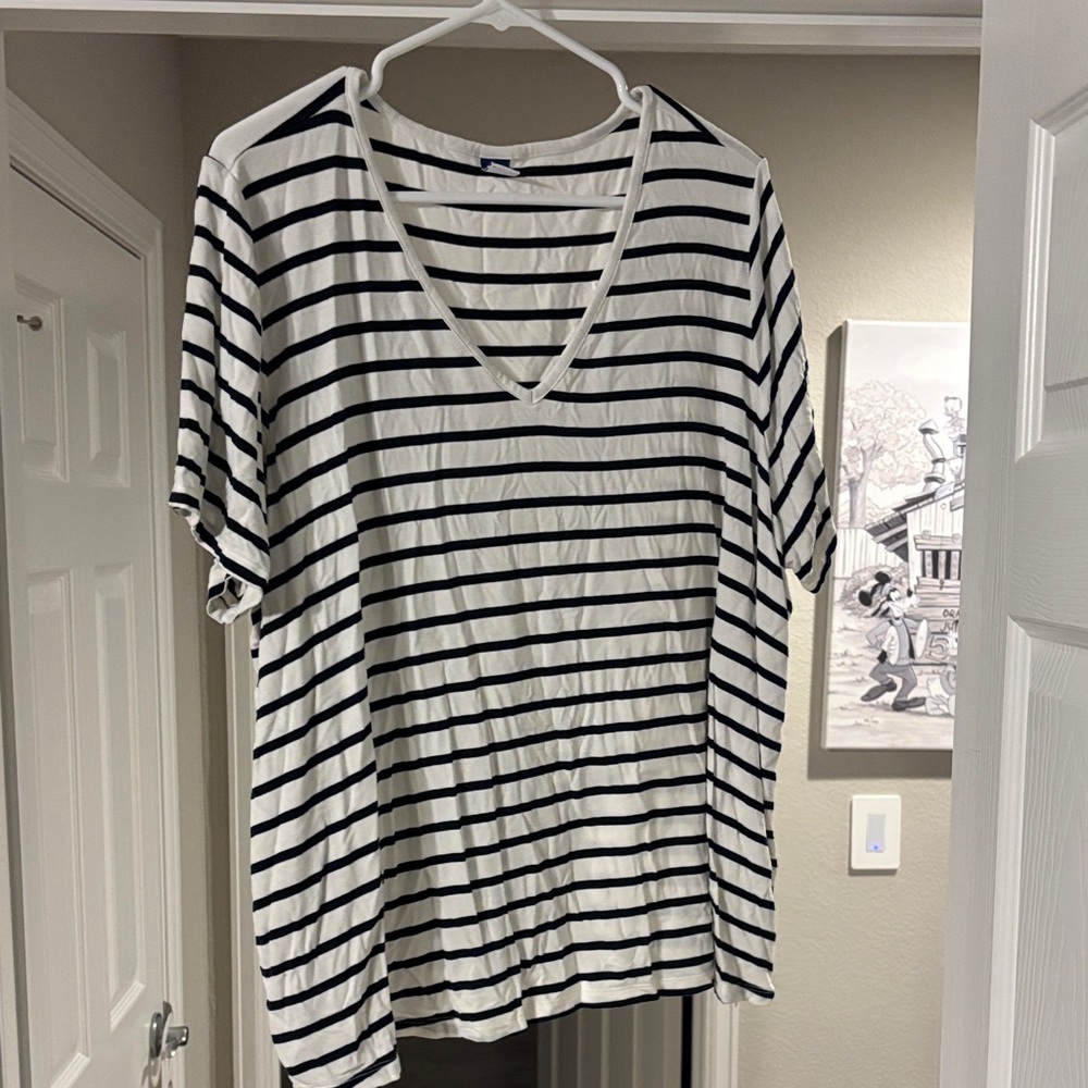 Old Navy Navy and White Striped V-Neck Tee